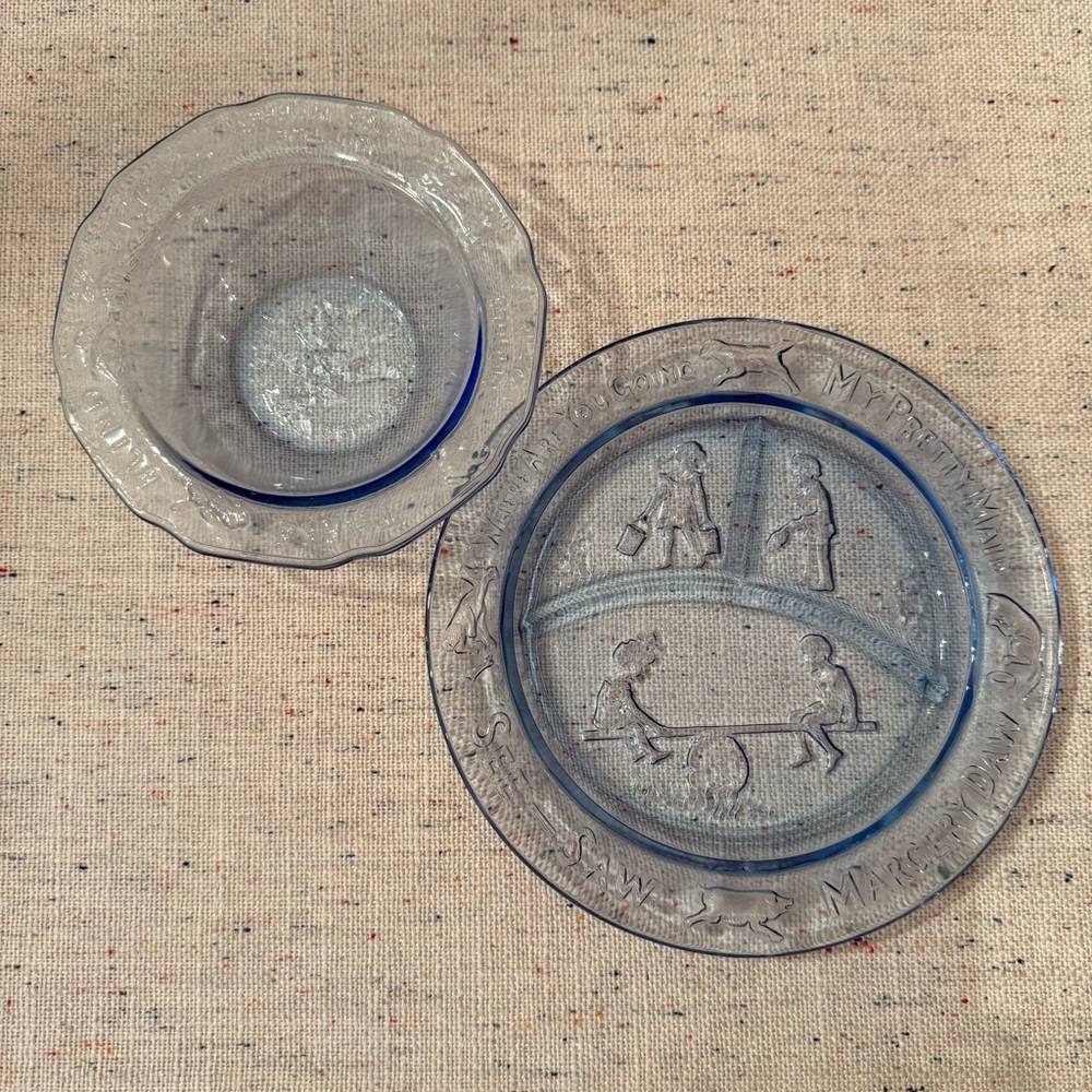 Vintage 1970’s Indiana Tiara Glass Blue Child’s Dinner Plate Cereal Bowl Set